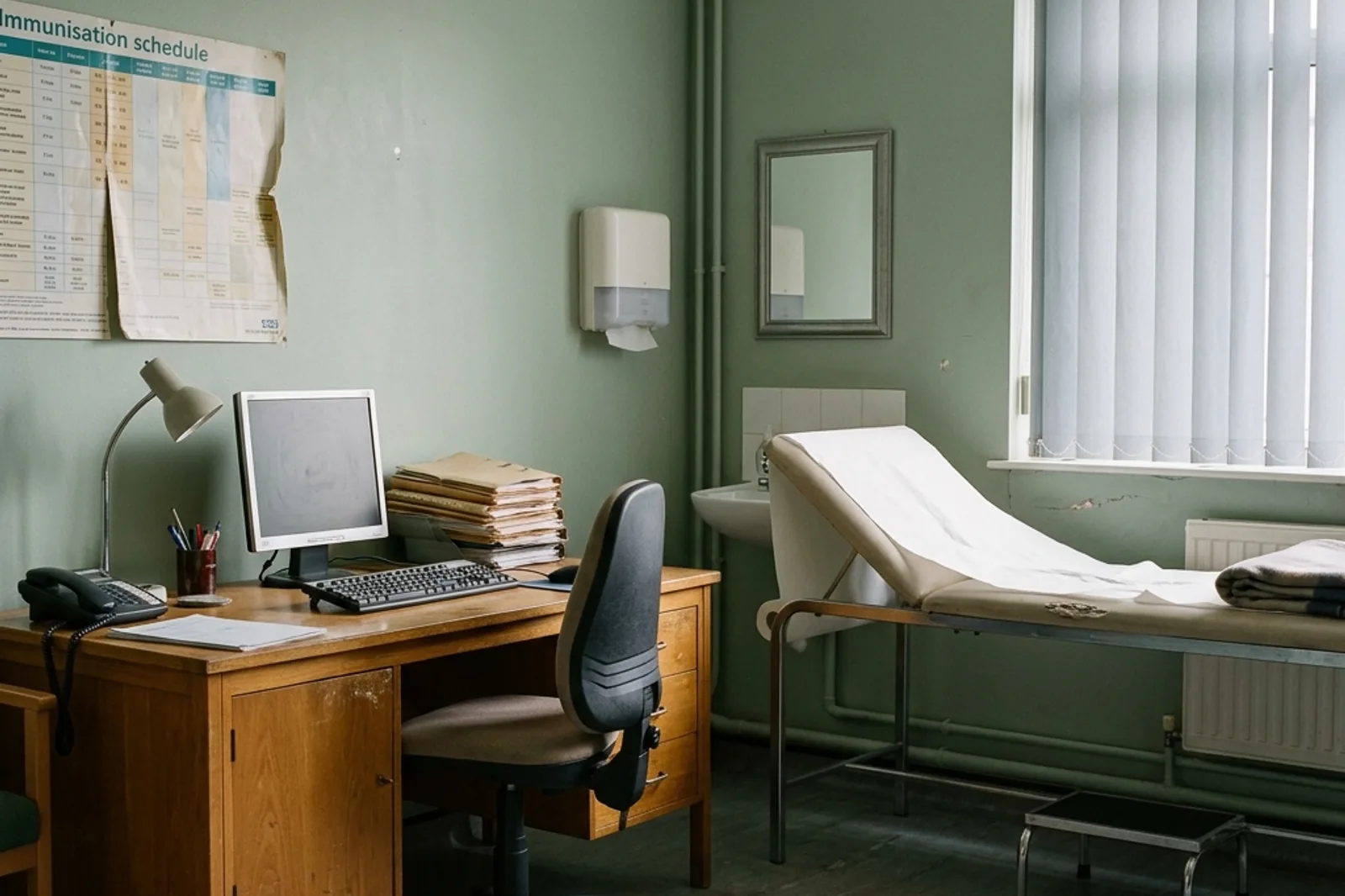 A quiet clinic consulting room with an empty desk, a chair, and a window.